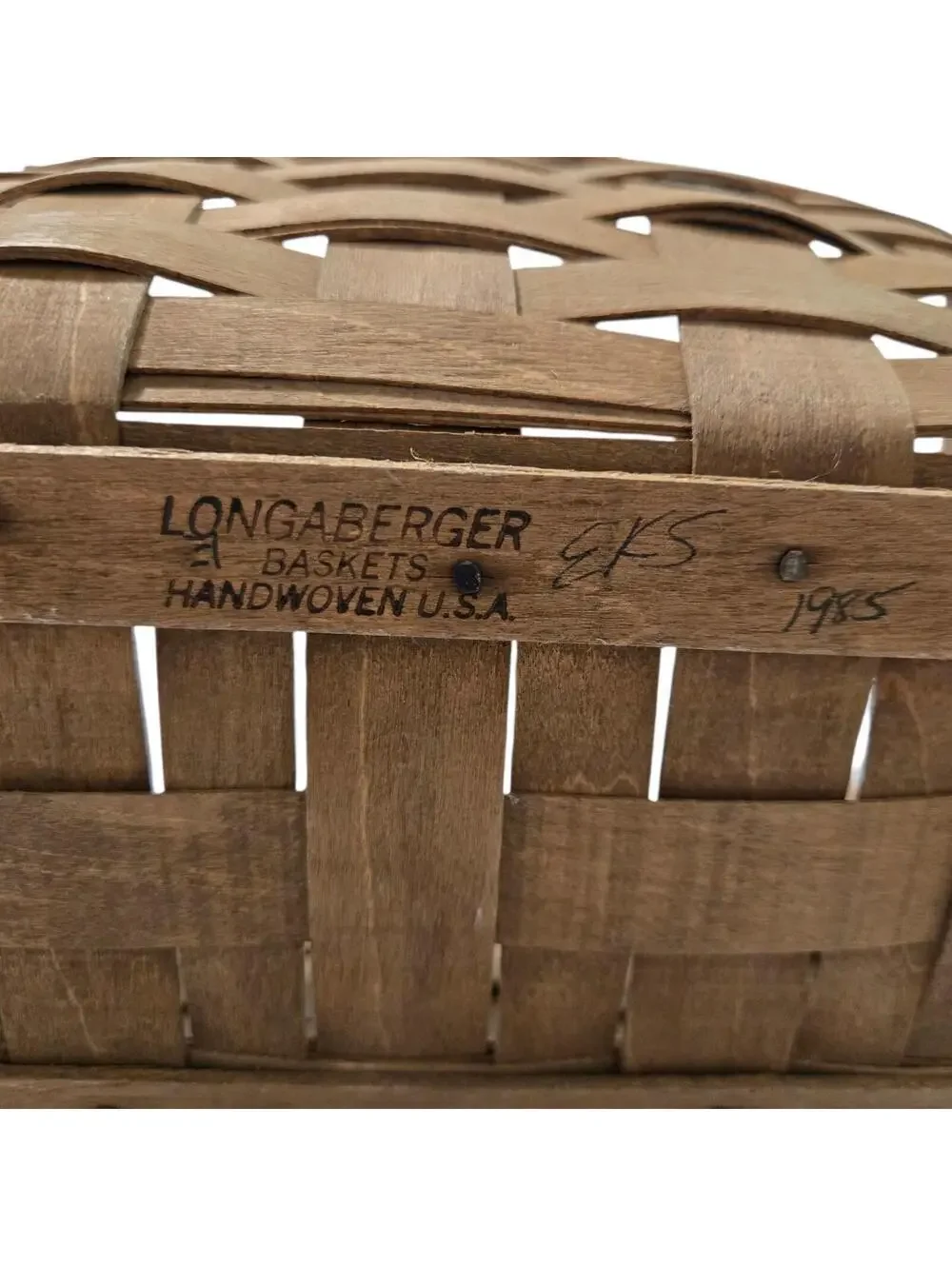Vintage 1985 Longaberger Handwoven Medium Market Basket Signed EKS Dated, EUC